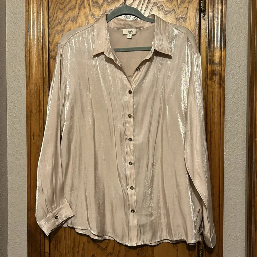 Entro Women’s Button Down Gold Shirt Shimmer Holiday Blouse size Medium - Picture 6 of 10